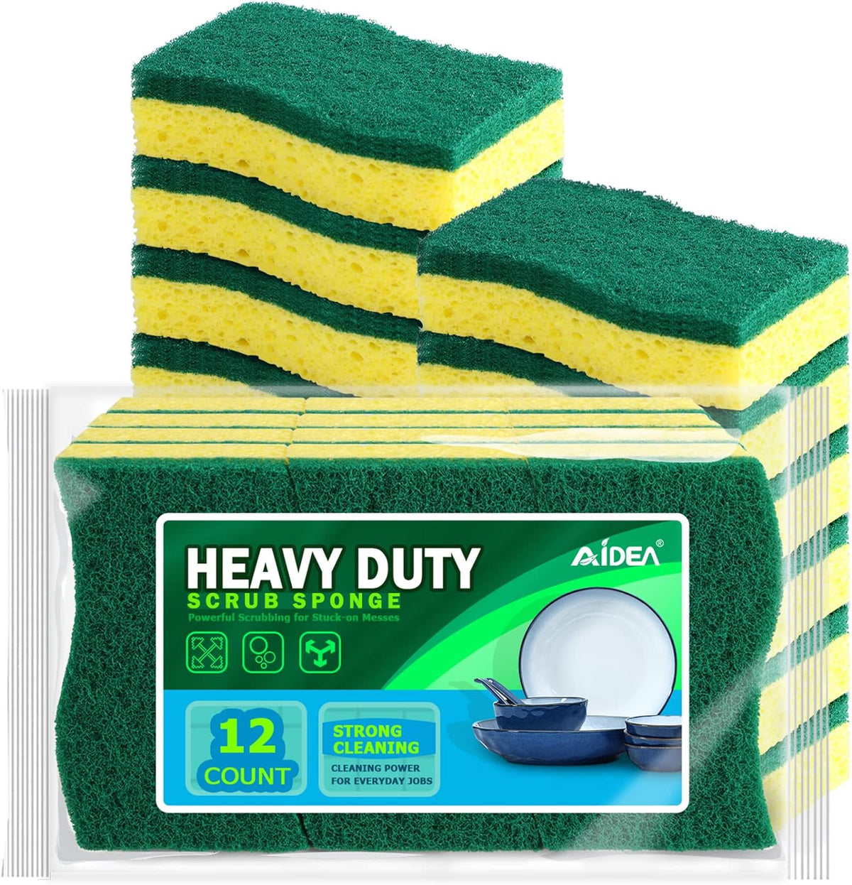 AIDEA Sponges Heavy Duty-12Count, Sponges Kitchen, Sponge for Dishes, Scrubbing Power for Tough Messes, Cleaning Sponge for Everyday Jobs for Dishes, Pots, Pans