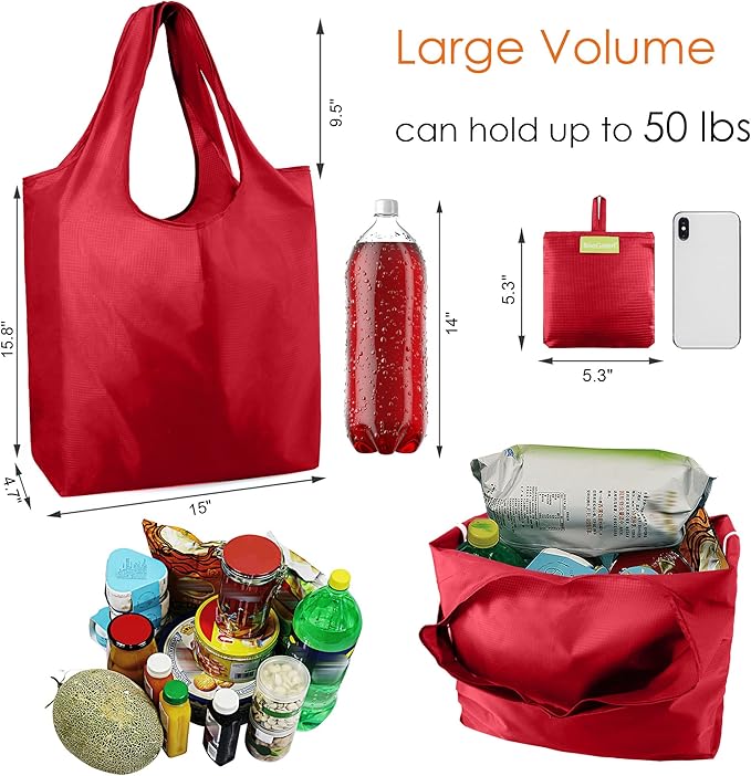 BeeGreen Christmas Red Reusable Grocery Bags Shopping Bags Bulk 10 Packs 50LBS X-Large Foldable-Machine Washable-Heavy Duty