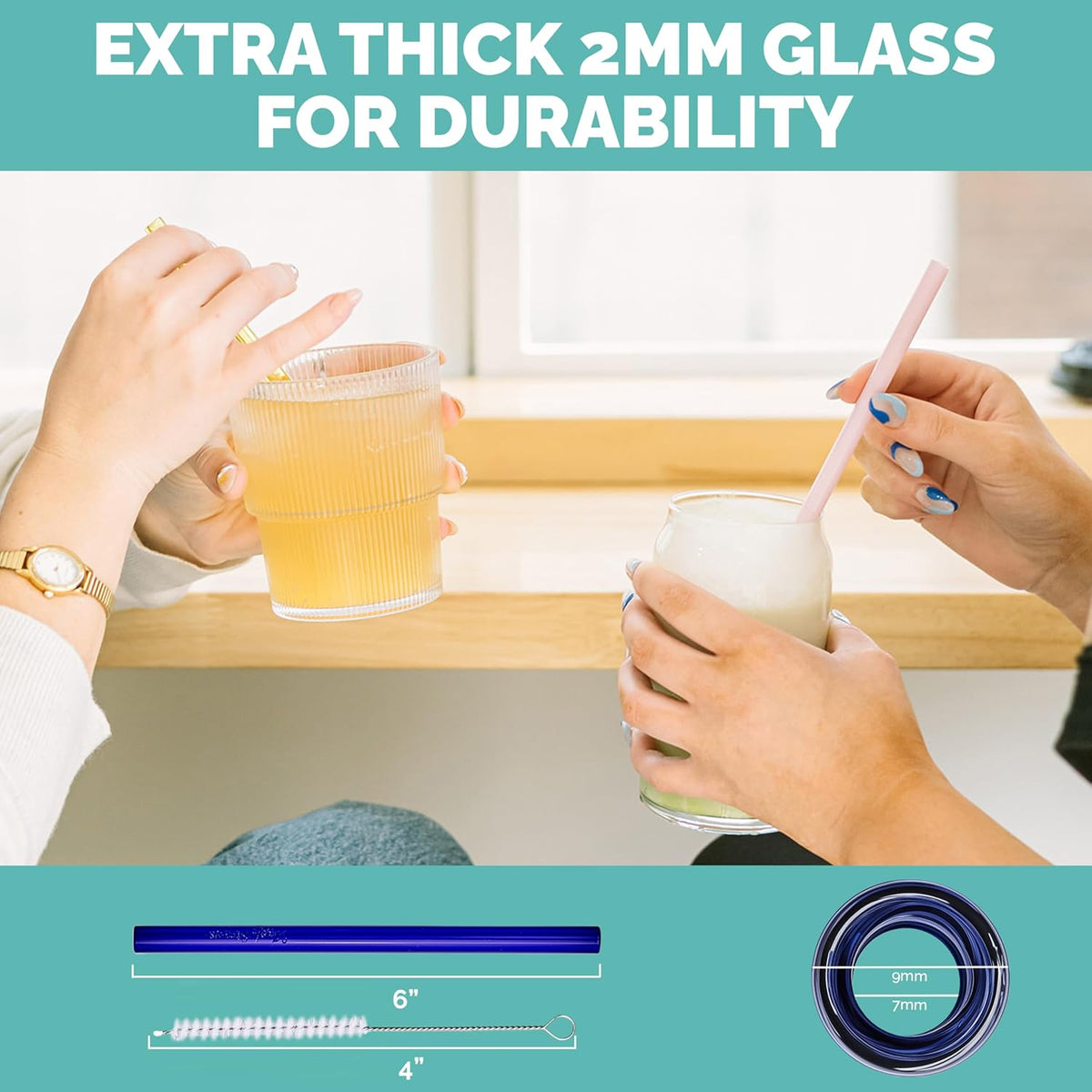 Simply Straws 6 Inch Glass Straws Straight (6-Pack) – Reusable Glass Straws for Low Balls & Stemless Glasses, with Cleaning Brush – Dishwasher Safe, Hot & Cold Use, BPA-Free (Seaglass)