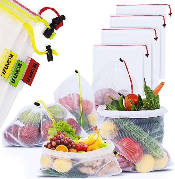 15-Pack Reusable Produce Bags – Heavy Duty Washable Mesh Grocery & Vegetable Bags with Drawstring, Eco-Friendly for Fruits, Food, Toys & Travel Storage