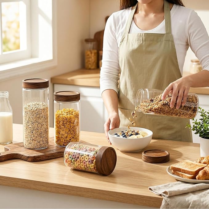 CONNOO 2-Pack 50oz Glass Storage Containers with Wood Lids – 120 Waterproof Labels Included – Tall Airtight Pantry Organizers for Short Pasta, Flour – Modern Kitchen Decor