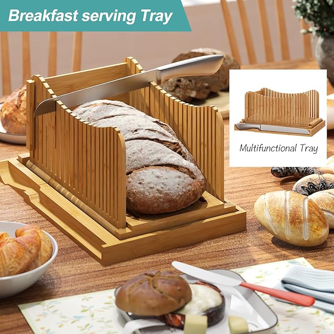 Large Bamboo Bread Slicer with Serrated Knife, Adjustable Bread Slicer Guide with 3 Thickness Size, Foldable Compact Chopping Cutting Board with Crumb Tray (Extra A - with Knife)