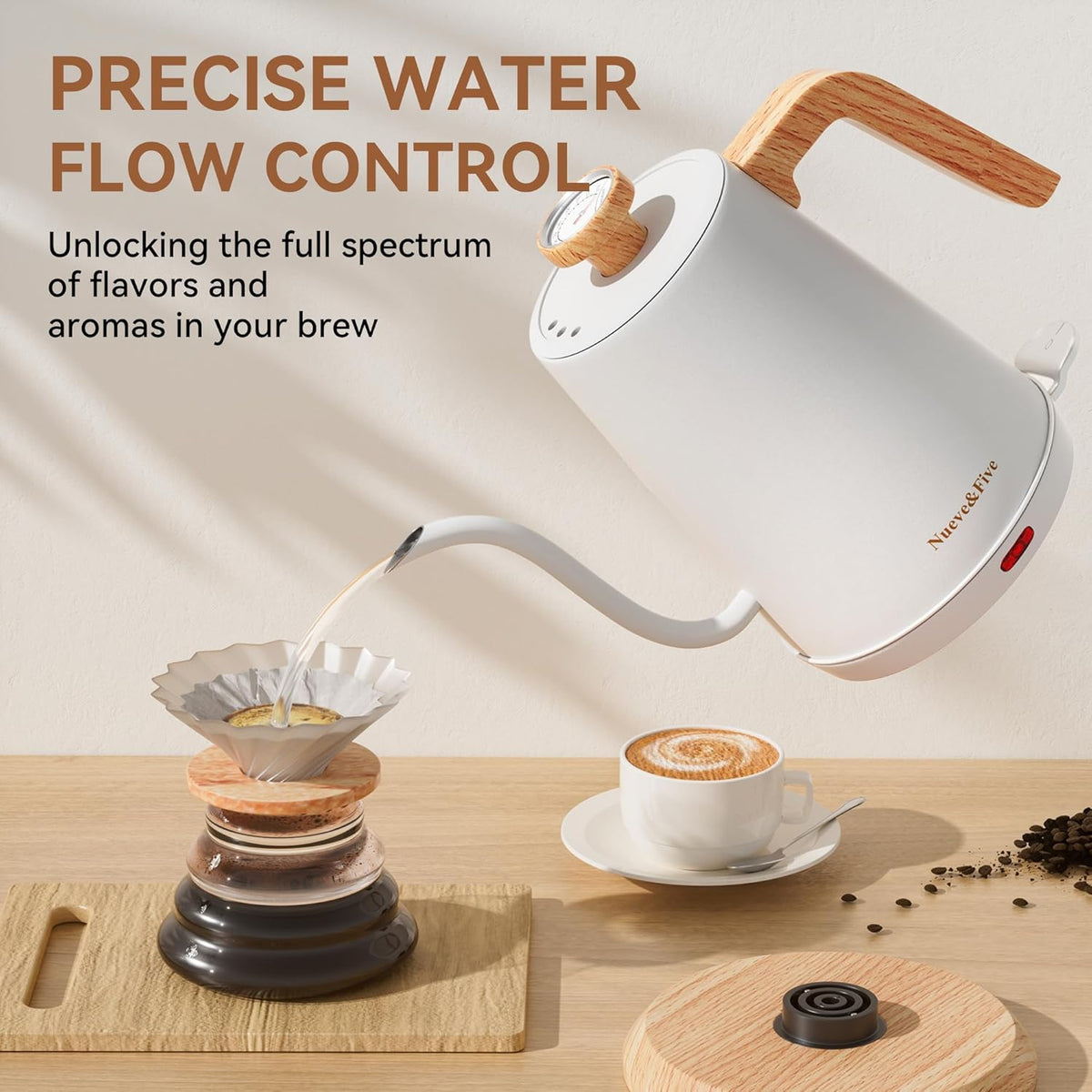 Nueve&Five Gooseneck Electric Kettle with Thermometer,Electric Tea Kettle 1L with Auto Shut-Off,1000W Hot Water Kettle of Stainless Steel for Coffee & Tea -White