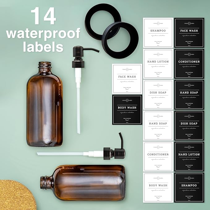 Vine Creations Amber Glass Soap Dispenser, 2 Pack Kitchen Soap Dispenser Set with Stainless Steel Pump, 16 oz Dish Soap and Hand Soap Dispensers for Bathroom with Waterproof Labels