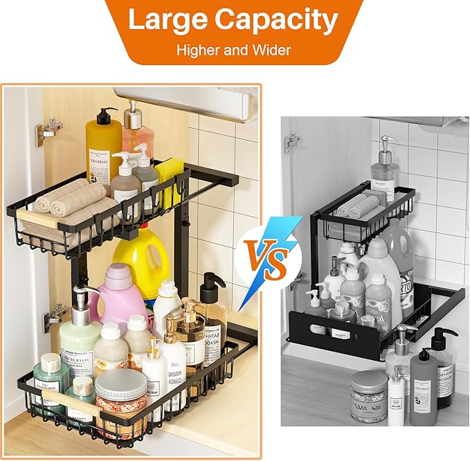 REALINN Under Sink Organizer, 2 Pack Height Adjustable Under Sink Organizers and Storage, 2 Tier Pull Out Drawer Cabinet Storage for Kitchen Bathroom