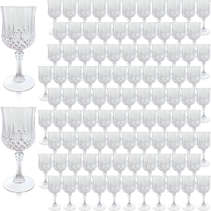 Plastic Wine Glasses, Plastic Goblets Vintage Style Cordial Unbreakable Drinking Glasses, Reusable Drinkware for Wedding Reception, Grand Event Party Supplies (100, Transparent)