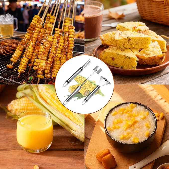 Upgraded Corn Peeler 3PCS Stainless Steel Corn Peeler for Corn on The Cob with Corn Stripper Tool and Corn Holder Set, Corn Cob Stripper Tool for Quick & Easy Peeling, Corn Scraper for Kitchen
