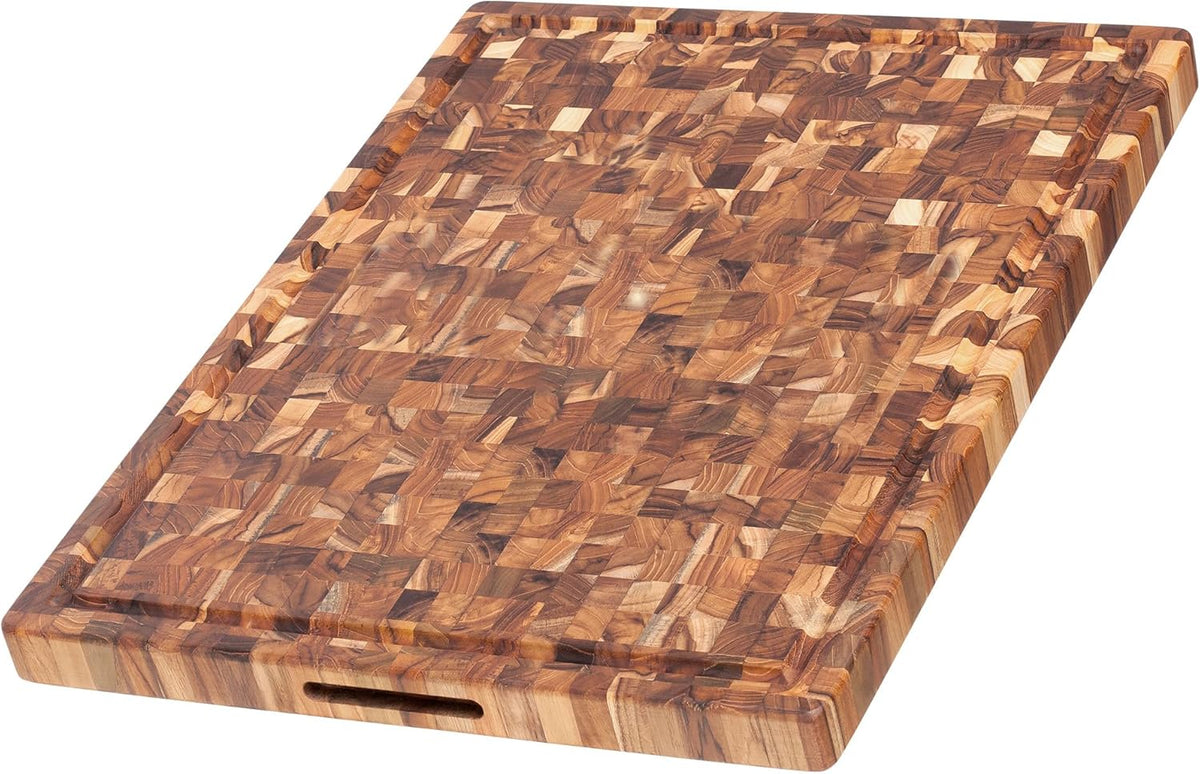 Teakhaus Butcher Block Carving Board - Extra Large Reversible Wooden Cutting Board with Juice Groove and Grip Handles - Teak End Grain Wood - Knife Friendly - FSC Certified
