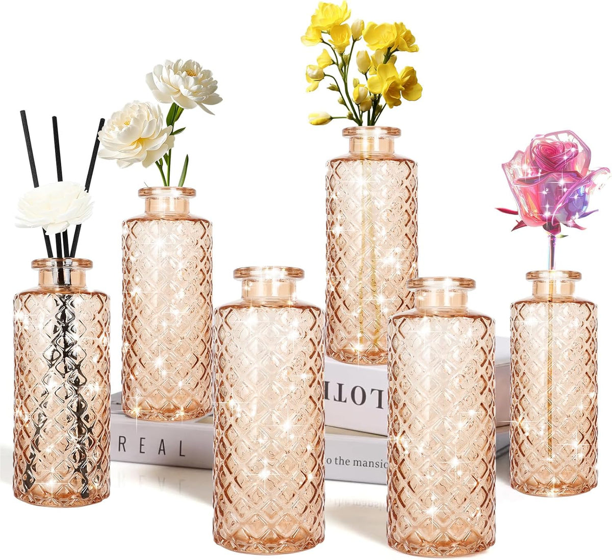 Glass Flower Vase, Amber, Aromatherapy Bottle, Small Vase, 6 Sets, Simple Style, Centerpieces for Table, for Home Decoration, Anniversary, Wedding