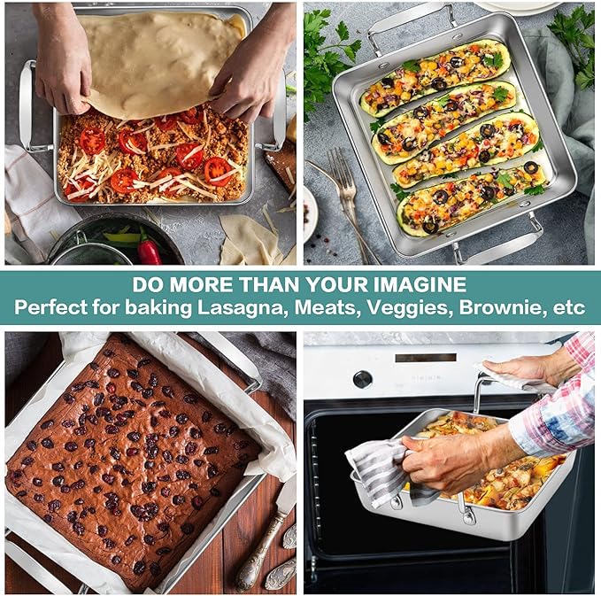 P&P CHEF Beer Can Chicken Holder with Roasting Pan Set, 9-inch Stainless Steel Square Baking Pan and Chicken Rack For Grilling, Heavy Duty & Dishwasher Safe, 4Pcs