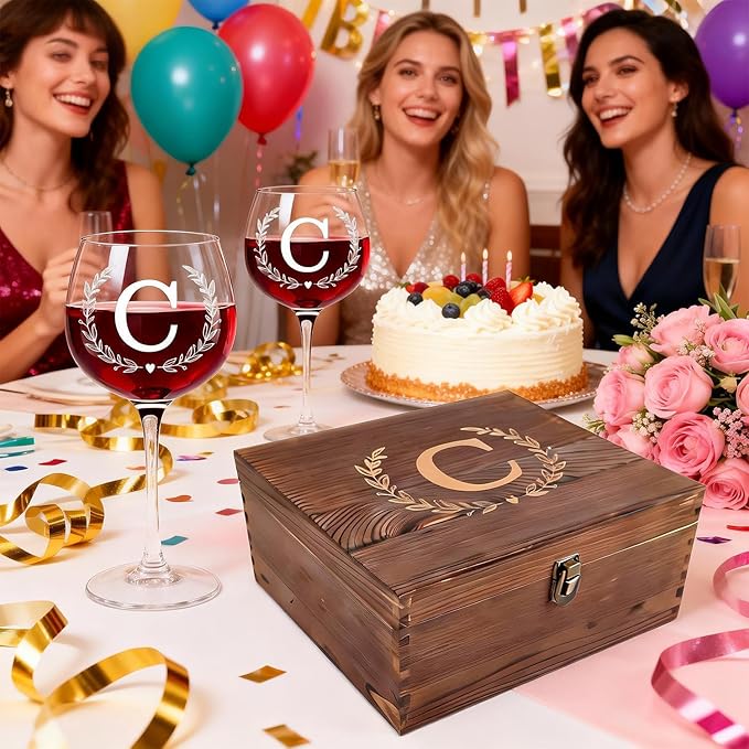 GZLDGIFTS Personalized Initial Wine Glasses Box Gift Set For Women Mom Engraved Birthday Monogrammed Wooden Christmas Gifts Wedding Anniversary Wine Couples Stopper Opener Initial Letterr (C Set)