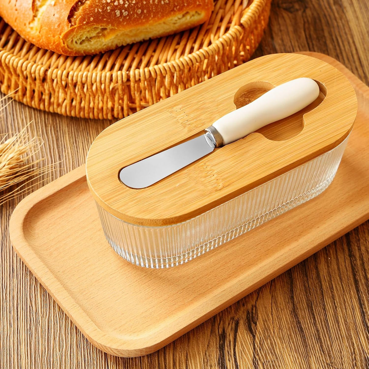 Butter Dish with Lid, Butter Container for Countertop, Butter Tray Butter Keeper with Bamboo Lid and Stainless Steel Knife, Glass Butter Dish Perfect for East/West Coast Butter