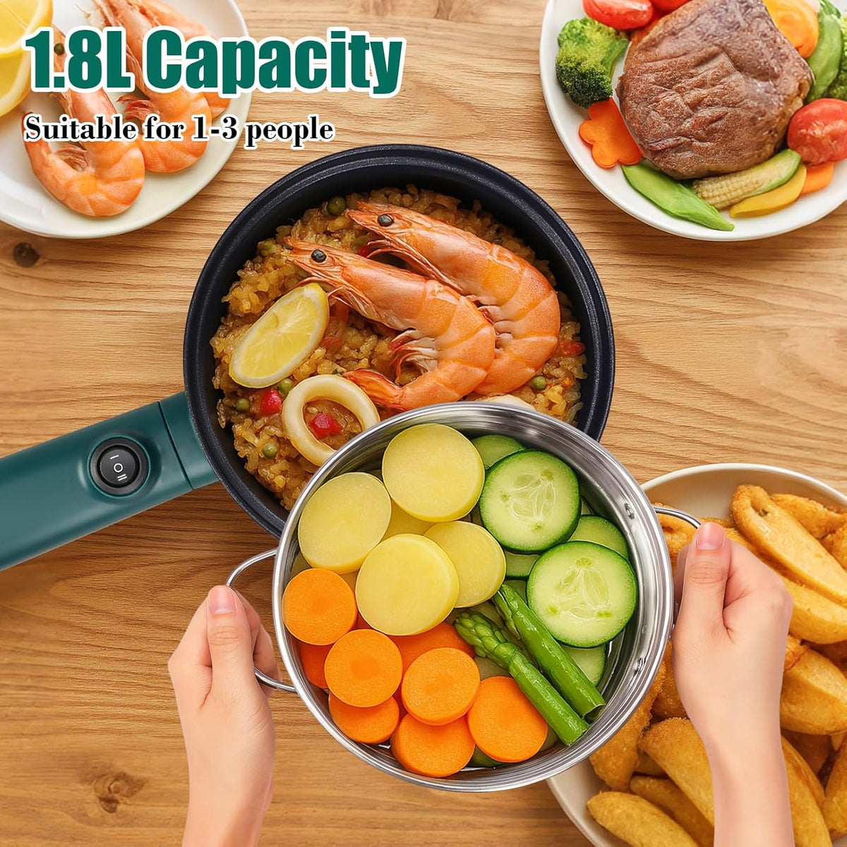 Electric Hot Pot with Steamer, 1.8L Ramen Cooker, Portable Cooking Pot Non-Stick Sauté Pan, Electric Pot for Pasta, Egg, Steak, BPA Free,Dual Power Control, Suit Dorm Room, Travel,RV,Hotel