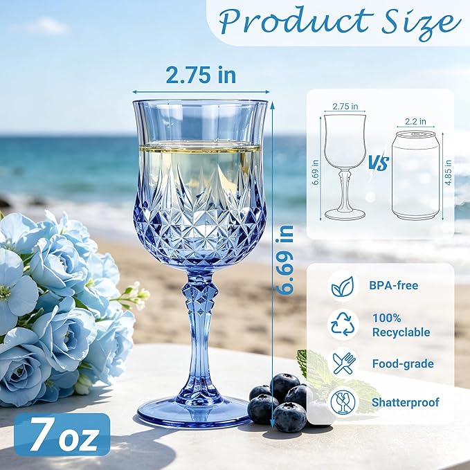 Plastic Wine Glasses, Plastic Goblets Vintage Style Cordial Unbreakable Drinking Glasses,Reusable Drinkware for Wedding Reception, Grand Event Party Supplies(12, Blue)