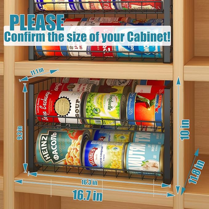 JKsmart 2-Tier Stackable Can Rack Organizer for Pantry, Adjustable Can Dispenser Holds Up to 60 Cans, Can Storage Holder for Various Ounces of Canned Food Soda Drinks, Black, 2 Pack