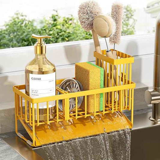 Cisily Yellow Sink Caddy Organzier with High Brush Holder, Sponge Holder for Sink, 304 Rustproof Stainless, Kitchen Countertop Soap Dispenser Organizer,Yellow Kitchen Decor and Accessories