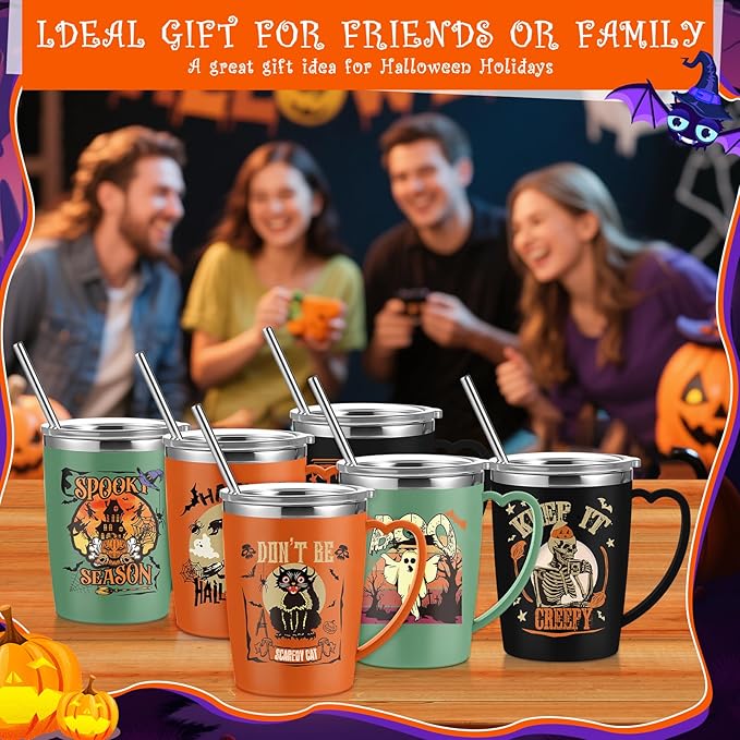 6 Pcs Halloween Coffee Mugs Cups 16 oz Halloween Stainless Steel Insulated Tumblers Bulk with Handle Lid Straw Brushes Spooky Ghost Face Monster Black Cat Mugs Trick or Treat Gifts