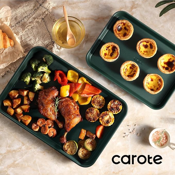 CAROTE 3-Piece Baking Pan Set - Bakeware Set, Baking Sheet Set Including 13 Inch 15 Inch 17 Inch Sheet Pan, Cookie Sheet for Baking, Deep Olive Green