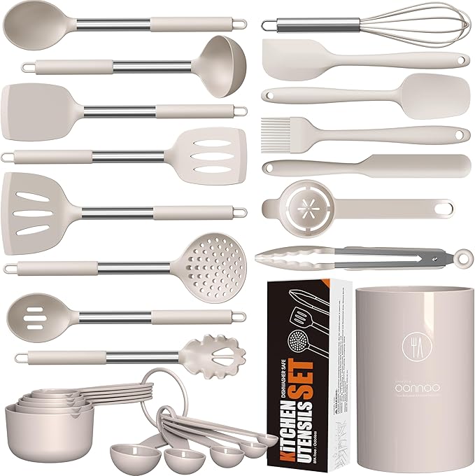 Large Silicone Cooking Utensils Set - Heat Resistant Kitchen Utensils,Turner Tongs,Spatula,Spoon,Brush,Whisk,Stainless Steel Silicone Cooking Tool for Nonstick Cookware,Dishwasher Safe (Khaki)