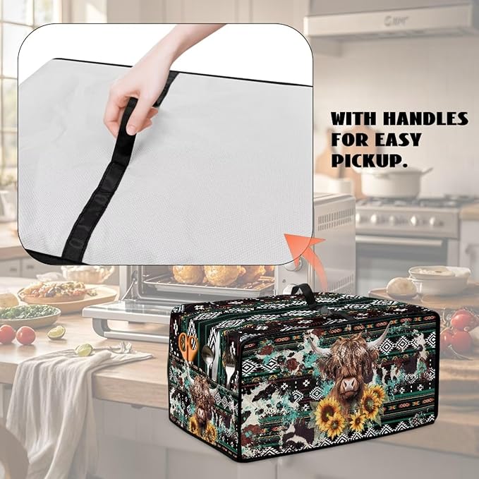 Toaster Oven Dust Cover Washable Fabric Convection Oven Cover Protector Compatible with Various Small Kitchen Appliances, M, Aztec Highland Cow Sunflower