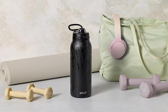 Ello Pop & Fill 32oz Stainless Steel Water Bottle with QuickFill Technology, Double Walled and Vacuum Insulated Metal, Leak Proof Locking Lid, Straw and Chug, Reusable, BPA Free, Black Zebra