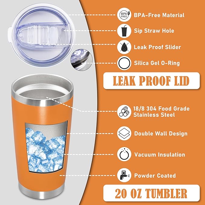 20 oz Tumbler Coffee Travel Tumblers Bulk with Lid Stainless Steel Double Wall Vacuum Insulated Mug Powder Coated Cups fit Car Cupholder for Hot and Cold - Orange, 12Pack