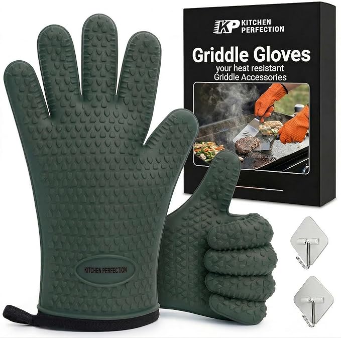 KITCHEN PERFECTION XL Silicone Oven & Griddle Gloves -Extreme Heat Resistant BBQ & Grilling Gloves -Handle Hot Food Right on Your Griddle |Waterproof Oven Mitts Grill Gloves |Superior Set+3 Bonuses