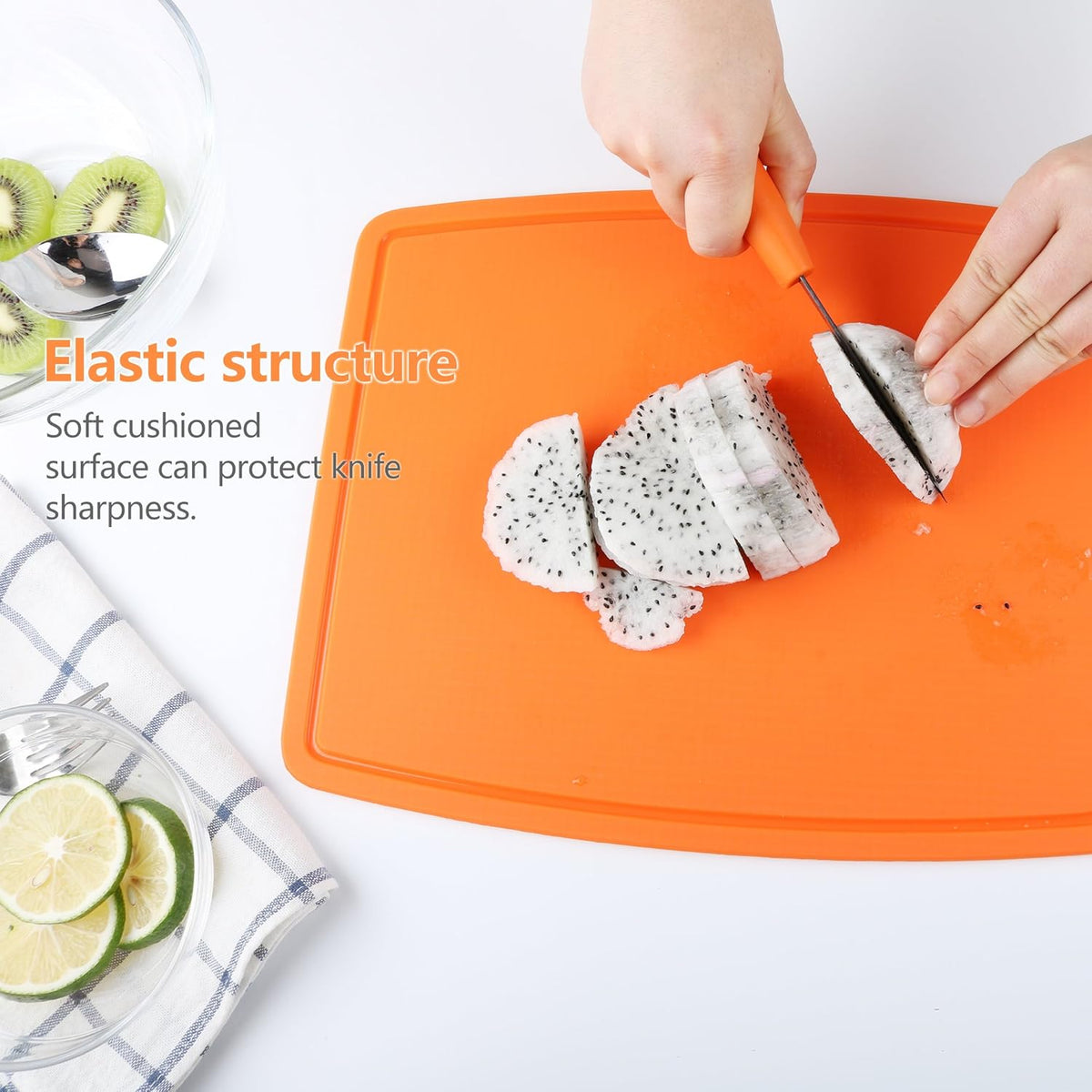 Thick Silicone Cutting Board 12.6'' x 9.1'' Juice Grooves Easy Grip Handle Dishwasher Safe-Orange