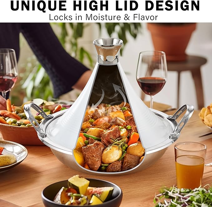Cooks Standard Moroccan Tagine Pot 3.6 Qt, 11 Inch Multi-Ply Clad Stainless Steel Pan with Dual Handles, Clay Pot Alternative for Slow Cooking, with Conical Die-Cast Aluminum & Glass Lid, White
