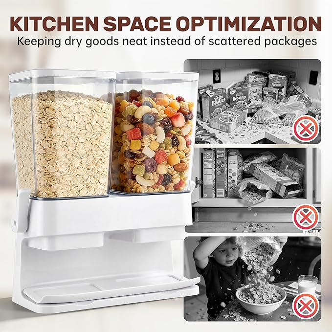 Cereal Dispenser Countertop 2 Pack, 3L Large Cereal Containers Storage Airtight for Kitchen Pantry, Dual Control Plastic Dry Food Dispenser for Cereal, Rice, Grains, Candy, Coffee Beans