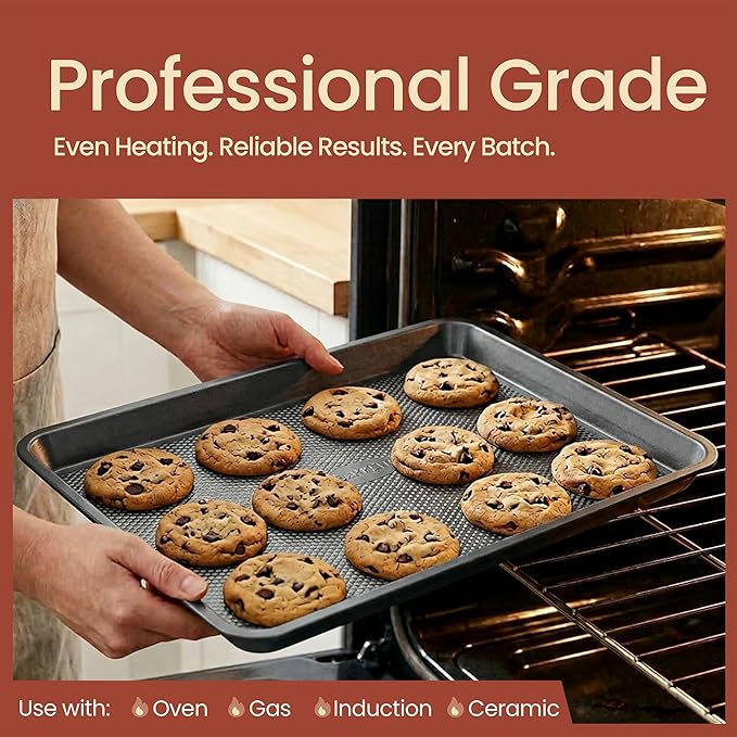 Diamond Bottom Cookie Sheet Set of 2, Nonstick Gray Carbon Steel Baking Pans for Crisp Baking, Space-Saving Stackable Trays, PFOA, PFOS, PTFE Free, Oven Safe Up to 450°F, Small & Medium Pans