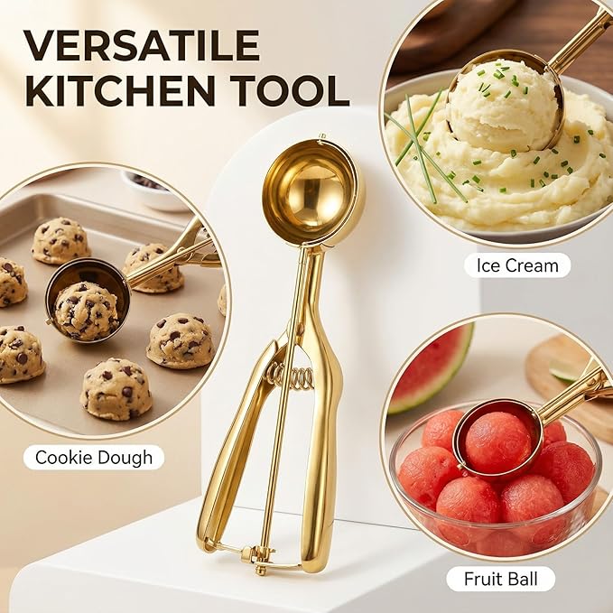 Gold Ice cream spoon,3Pcs Cookie Scoop Set,Stainless steel ice cream scoop with trigger release,Tablespoons,dough scoop,3 Sizes (S/M/L)