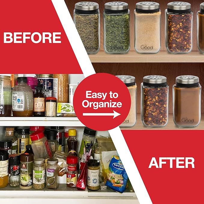 Adjustable Glass Spice Jars (Set of 6) with 6 Pouring Sizes- Stainless Steel Lid/Cap- Square Seasoning Bottle Containers for Minimalist Kitchen Pantry Storage Organization- Fill Shaker w Salt Pepper