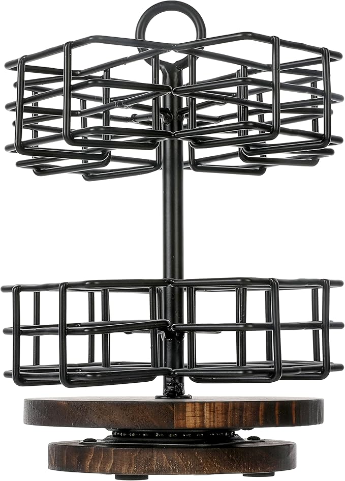 MyGift 8 Compartment Tea Bag Organizer Carousel, Black Metal Wire Packet Holder and 360 Degree Spinning Burnt Solid Wood Base, Coffee Station Storage Caddy