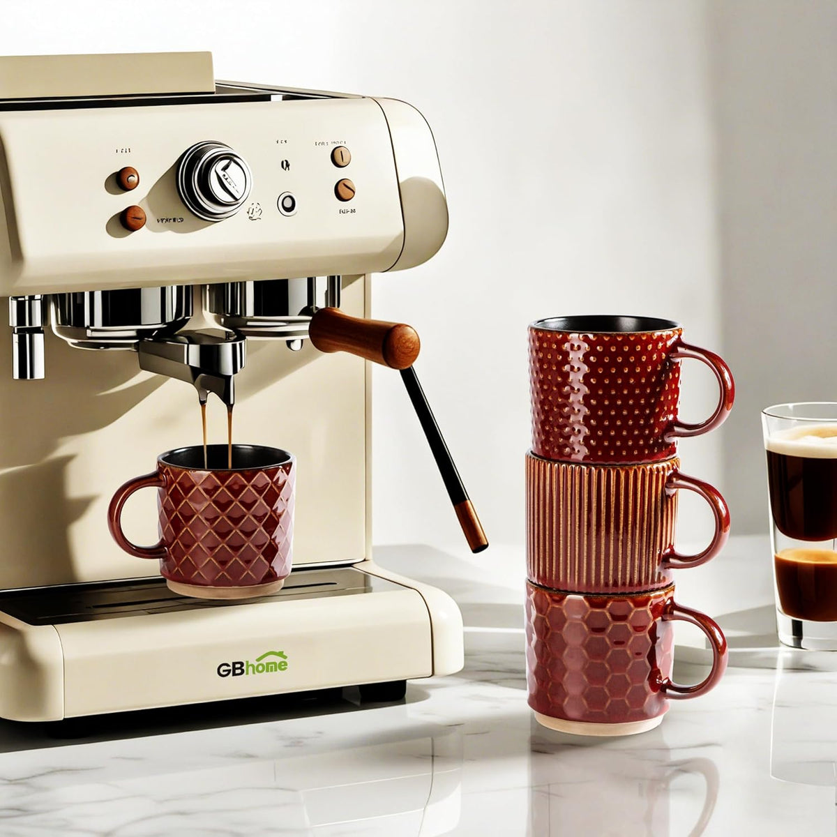 GBHOME 15OZ Stackable Coffee Mugs, Ceramic Coffee Cups with Texture Patterns for Man,Woman,Dad,Mom, Modern Coffee Mugs Set of 4 for Latte/Cappuccino/Cocoa. Dishwasher&Microwave Safe, Red