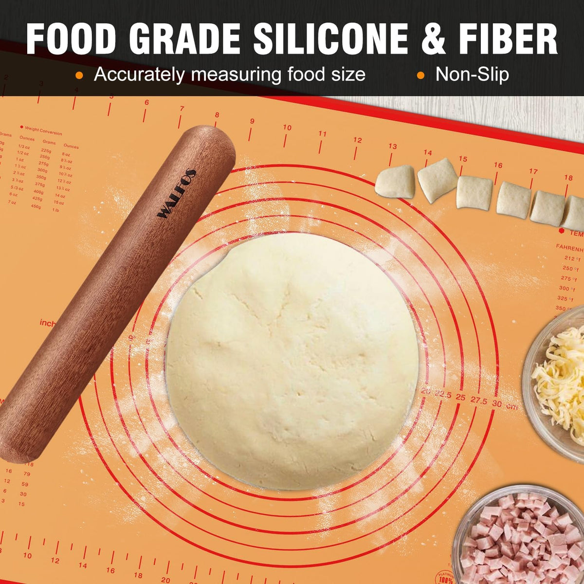 Walfos Mini Rolling Pin Set - Small Natural Wooden Rolling Pins (8inch) With Non-stick Silicone Fiber Baking Mat, Baking Dough Roller for Pizza, Pie, Pasta, Bread, Pastry