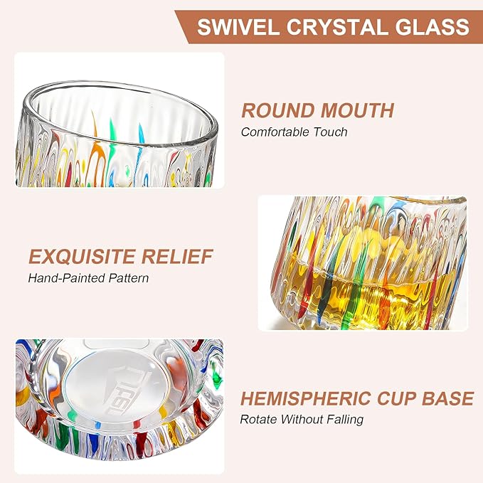 Rotatable Old Fashioned Glass, 275ml/10oz Crystal Whiskey Glass Set of 4, Wood Coaster, Thickening, Used as Rum Glass, Cocktail Cup, Coffee Cup, Milk Cup to Relax and Reduce Stress, Christmas gifts