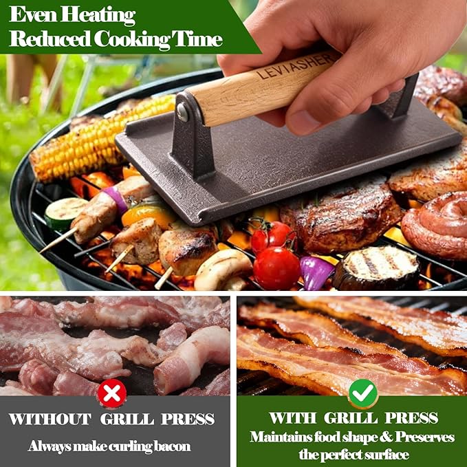 2Pcs 2.2lb Heavy Duty Cast Iron Grill Press, 6.7" Round 7.8X3.9" Rectangle Burger Press with Wood Handle for Blackstone, Griddle, Chef, Camp, Panini, Vegetable, Bacon, Sandwich, BBQ, Grid-patterned