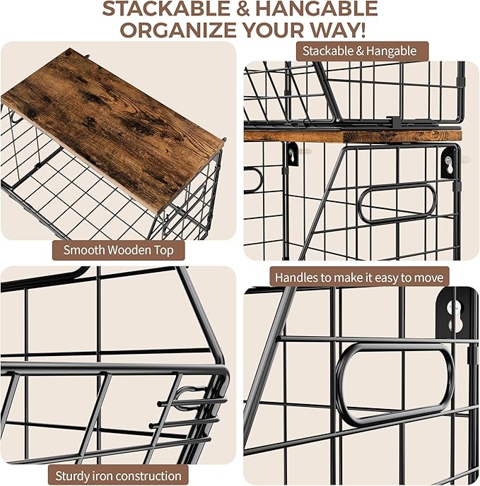 Delamu Stackable Metal Fruit Basket with Wood Lid 3 Pack, Hanging Wall Organizer for Kitchen Counter, Pantry Storage for Onions, Potatoes, Garli, Fruits, Spices, Black