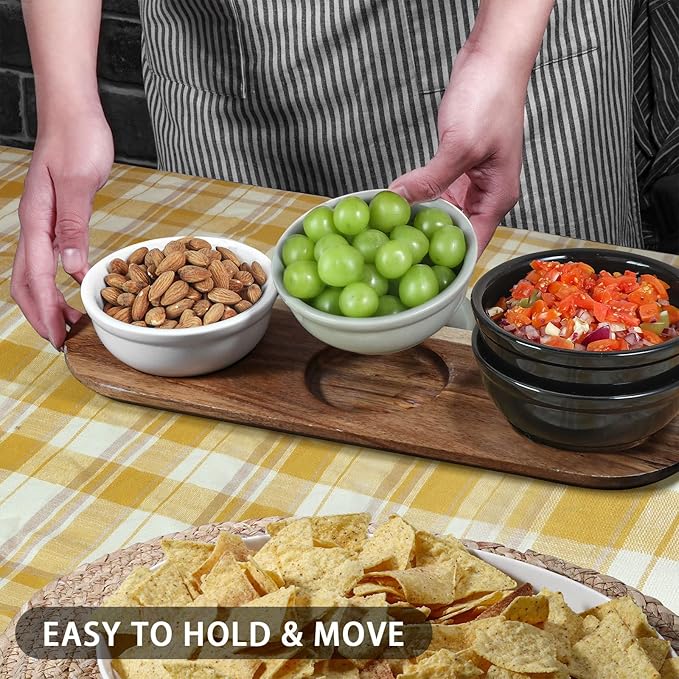 Artena 12 oz Solid Ceramic Chip and Dip Serving Set with Acacia Wooden Tray, 5-inch Black Dipping Bowls, Small Serving Bowls for Side Dishes, Salsa, Appetizer, Serving Dishes for Entertaining