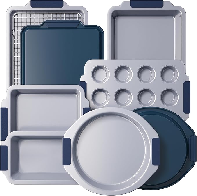 BRONYPRO Nonstick Ceramic Bakeware Set (9 Pieces),Heavy Duty Aluminized Steel Bakeware-Baking Pans Set with Silicone Handles,Includes Sheet Pans,Loaf Pan,Muffin pan,Cake pans,PTFE & PFOA Free - Blue