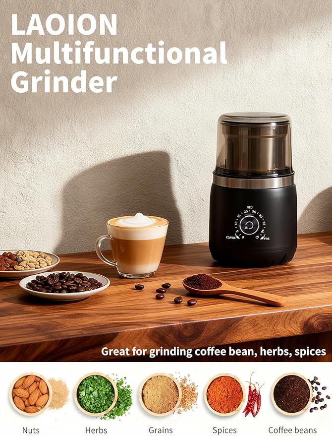 LAOION Electric Coffee Grinder with Silent Grinding Blades & Timer Knob to Adjustable Coarse to Fine, Espresso Grinder with Removable Stainless Steel Bowl for Coffee Bean, Herb, Spices, Seeds (Black)
