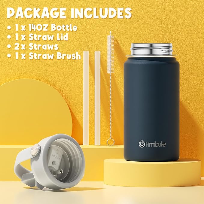 Fimibuke Kids Insulated Water Bottle, 14oz BPA FREE 18/8 Stainless Steel Travel Tumbler Double Wall Vacuum Leak Proof Kids Cup with Straw Metal Water Bottle for School Boys Girls(1 Pack, Slate)