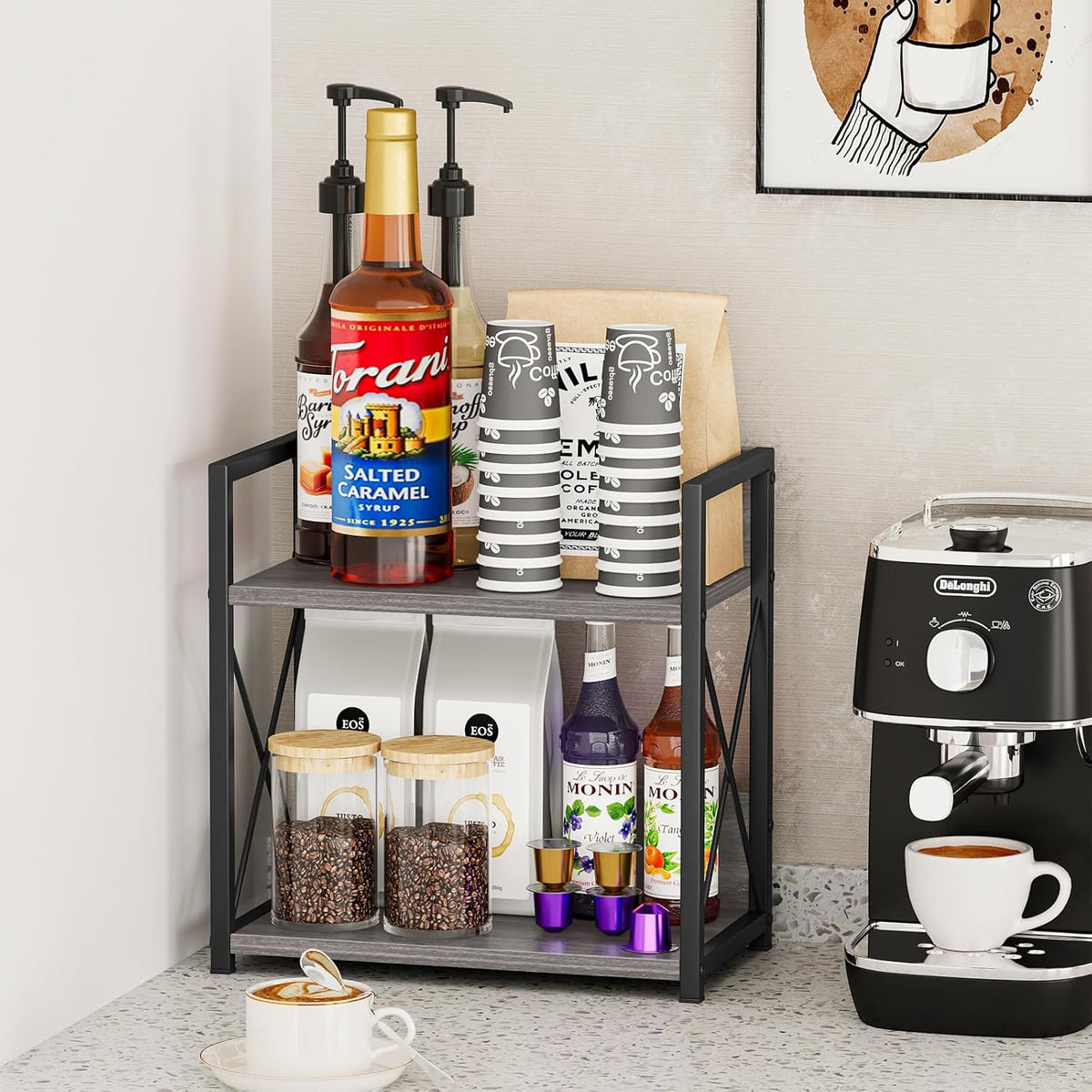 Giikin Countertop Shelf Organizer, 2 Tier Coffee Organizer for Desktop, Grey Counter Shelf Spice Rack for Kitchen (Grey, M)