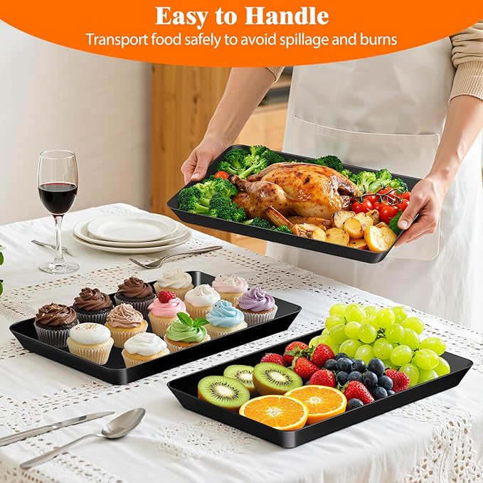 SpaceTrove 8-Pack Serving Tray Set, Reusable Plastic Serving Platter for Party Supplies, Entertaining, Grilling Accessories, Stackable Kitchen Snack Container for Dessert, Fruit, Cookie, (Black)