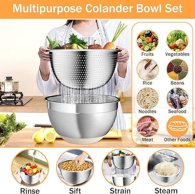 Nicdiet Mixing Bowls with Airtight Lids, Stainless Steel Mixing Bowl Set with 3 Metal Nesting Bowls, Colander & Grater, Non-Slip Bottoms, Size 1.5, 2.5, 5 QT, Great for Mixing & Serving, Khaki