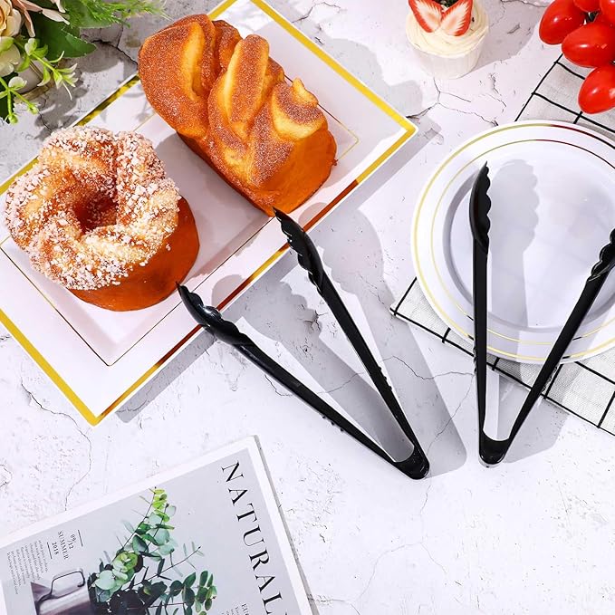 24 Pc Plastic Tongs for Serving 9 Inch Bulk Reusable or Disposable Tongs Heavy Duty Hard Plastic Serving Utensils Set Large Salad Tong for Kitchen Party Food Buffet Appetizer BBQ Event Catering(Black）