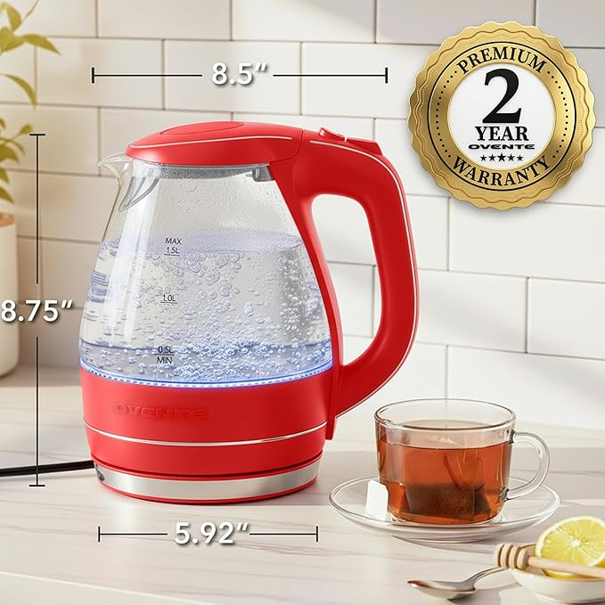OVENTE Electric Kettle, 1.5L Borosilicate Glass Countertop Water Heater and Boiler for Coffee or Tea, BPA-Free, Auto Shut-Off, Boil-Dry Protection, Removable and Washable Spout Filter, Red KG83R