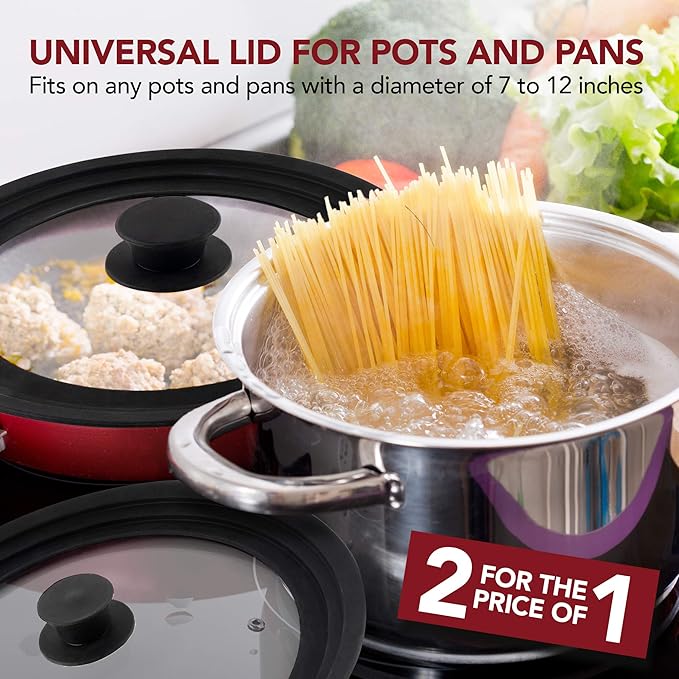 Modern Innovations Universal Lids (Set of 2) Fits 7 to 12-Inch Cookware, Silicone Replacement Pan Lid, Glass Top Covers for Skillets, Pots, Frying Pans, Cast Iron, CrockPot - Black