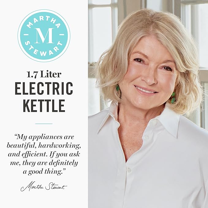 Martha Stewart  Electric  Kettle with Removable Stainless Steel Tea Infuser, Glass Carafe 1.7L (7 Cups), Hot Water Boiler, 4 Presets, Keep Warm & Auto Shut-Off, Cordless 360° Swivel Base, Caviar Gray